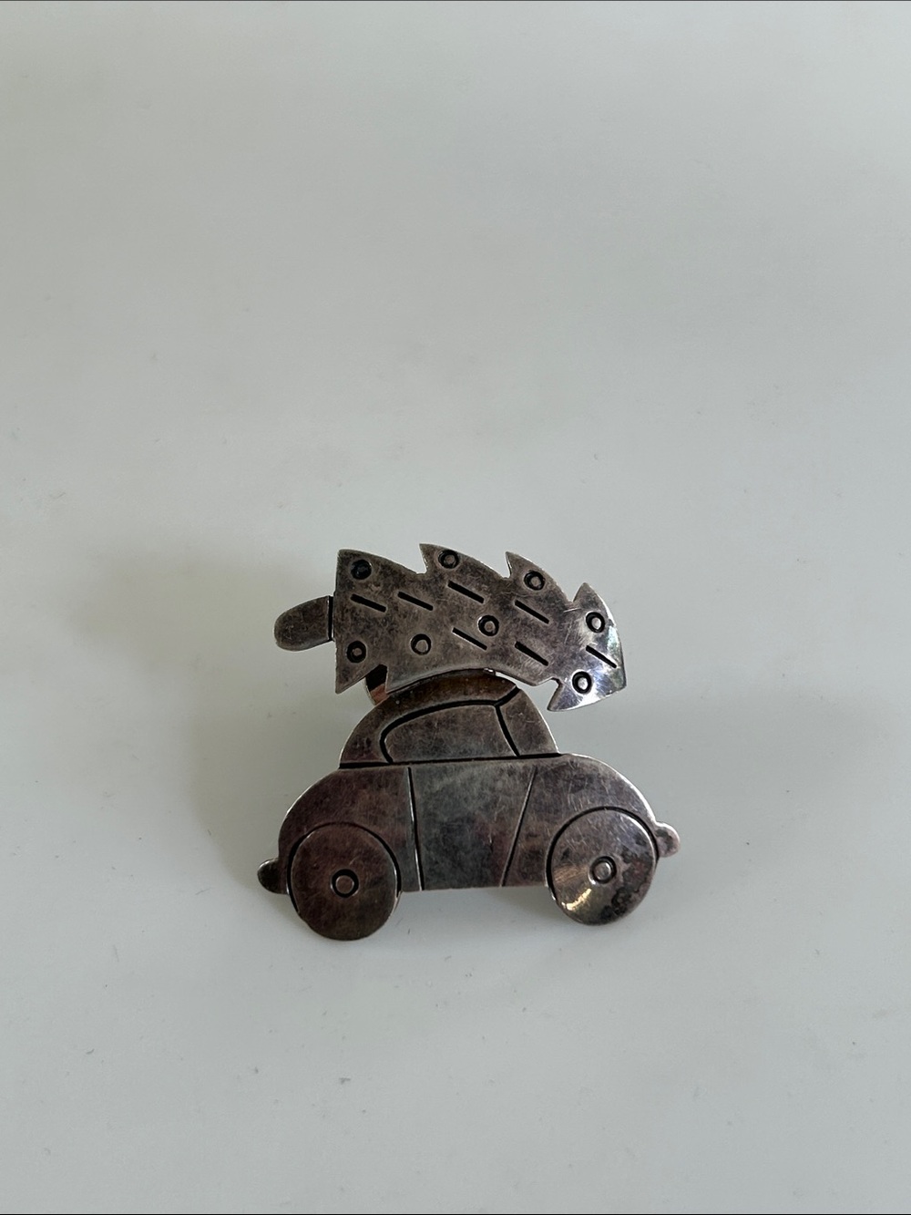 Vintage Far Fetched Sterling Silver Car with Christmas Tree Brooch Pin